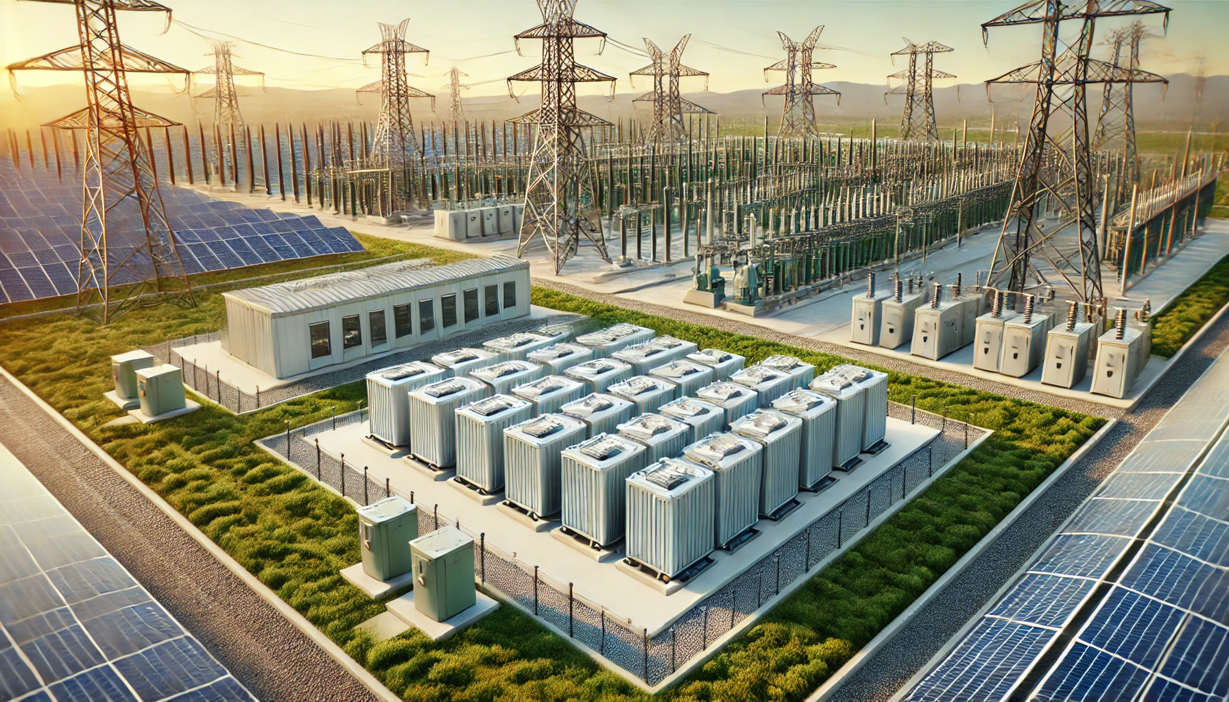 A highly detailed and photorealistic image depicting a large-scale battery storage system. The scene shows modern battery containers placed in a clean, organized layout on a compact site near an electrical substation with visible power lines and transformers in the background. Surrounding the installation are green elements like grass and solar panels, symbolizing renewable energy integration. The sky is clear with soft sunlight, emphasizing a sustainable, innovative, and futuristic energy infrastructure. The composition reflects the scalability and practicality of battery storage solutions in the context of renewable energy expansion.