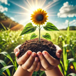 childrens-hands-gently-holding-a-handful-of-rich-dark-potting-soil-with-a-blooming-sunflower