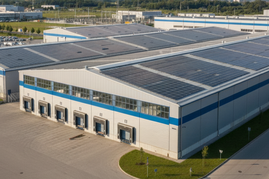 Das Bild zeigt eine Industriehalle mit Photovoltaikanlage.
